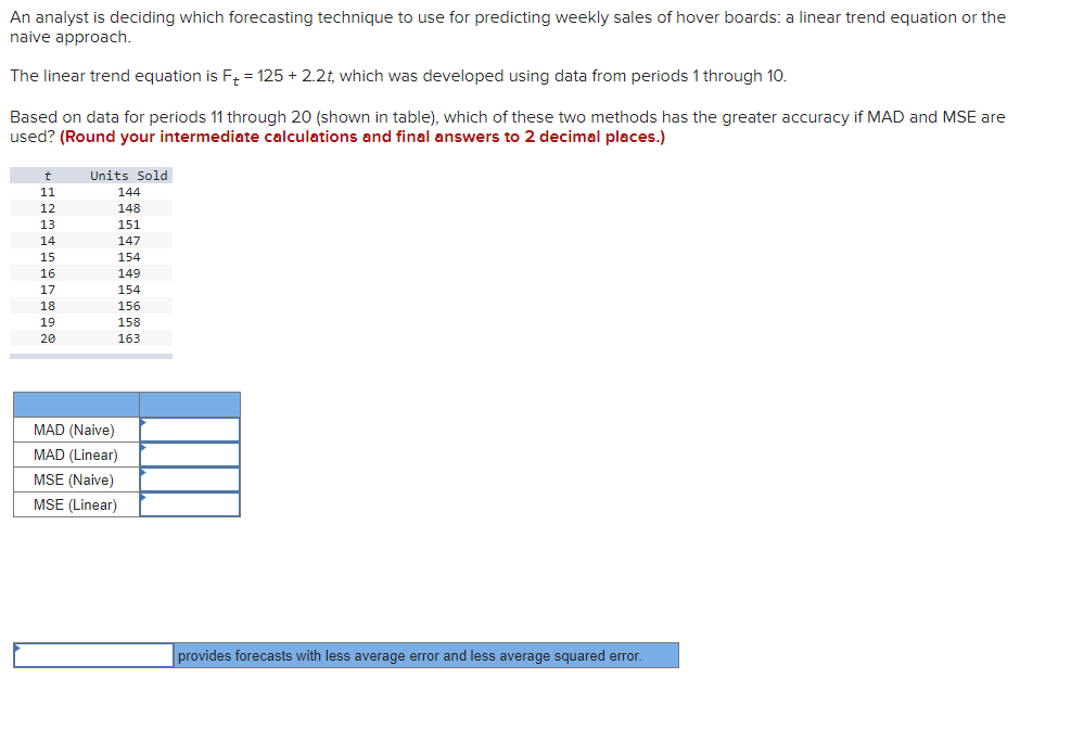  An analyst is deciding which forecasting technique to use for predicting