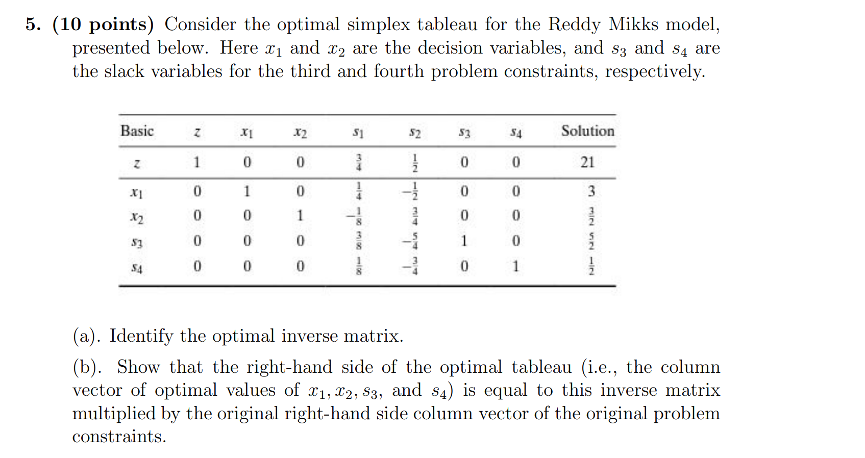 5. (10 points) Consider the optimal simplex tableau for the Reddy