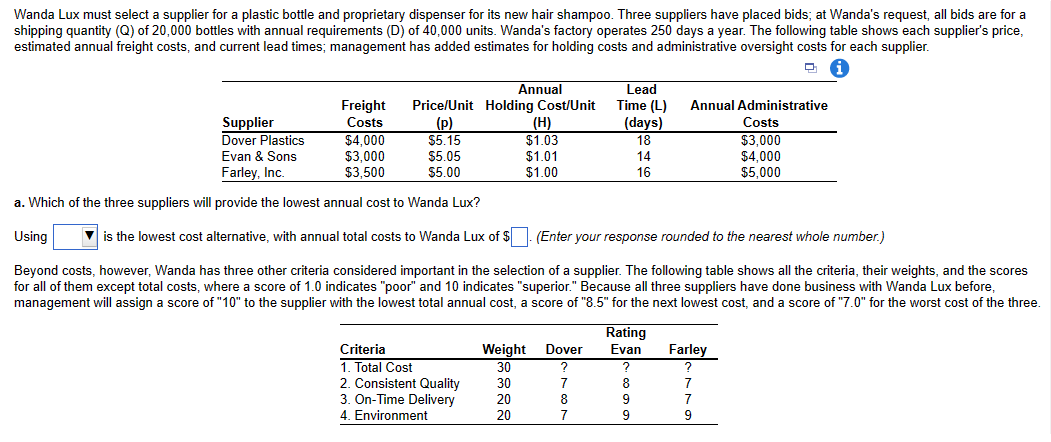 THIS IS THE FULL QUESTION Wanda Lux must select a supplier for