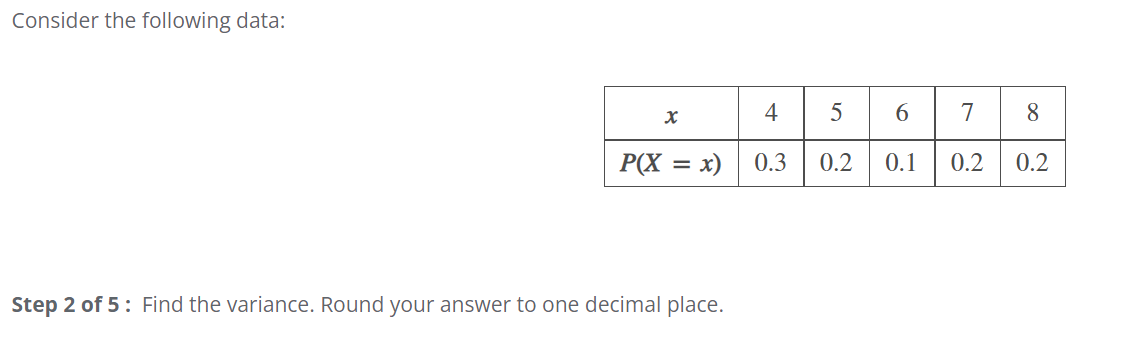  Consider the following data: P(X = x) 0.2 Step 2 of