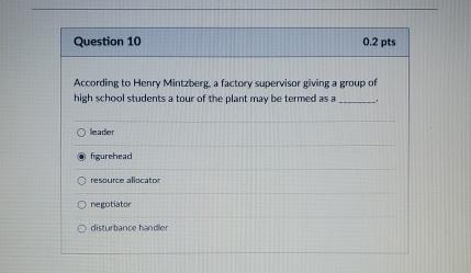  Question 10 0.2pts According to Henry Mintzberg, a factory supervisor giving