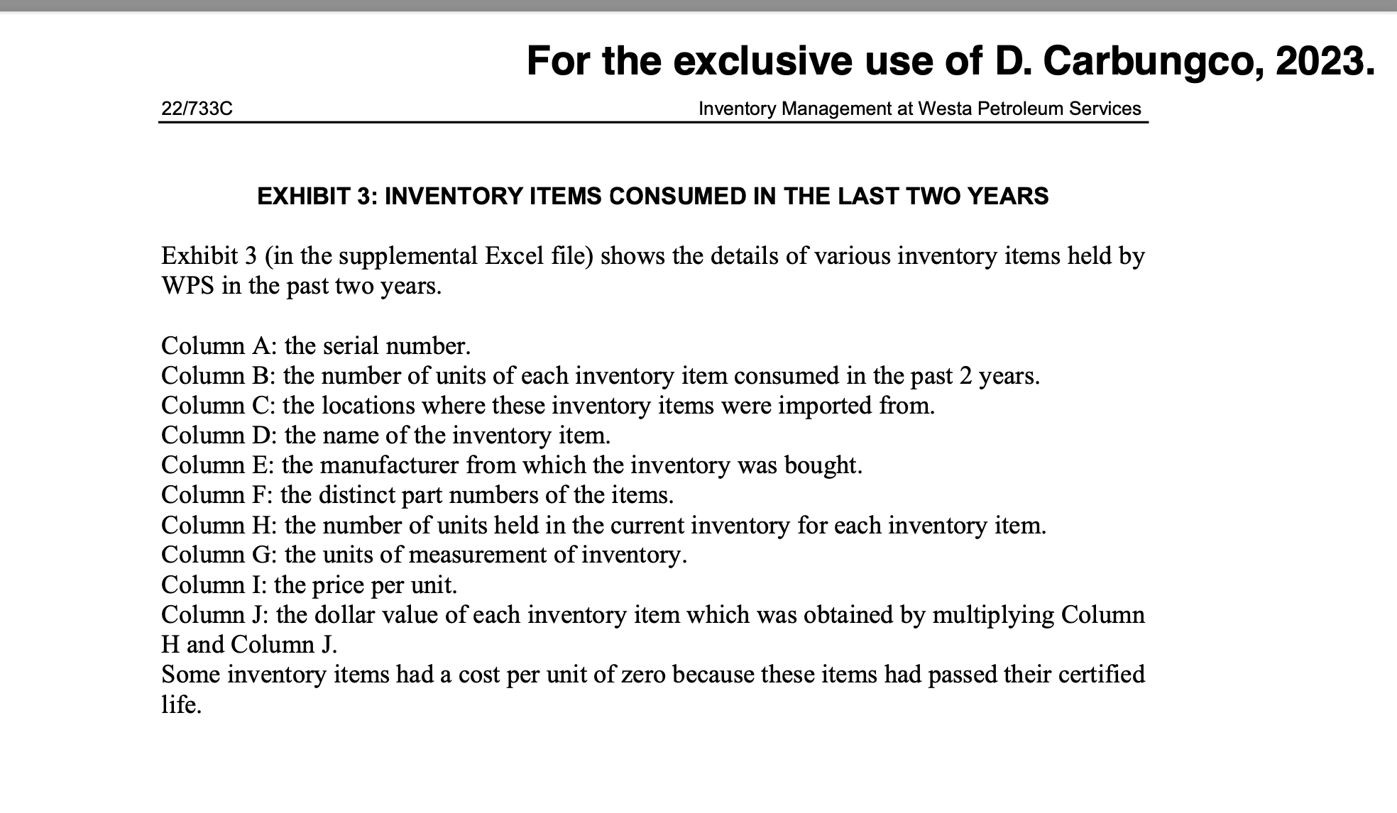 22/733C For the exclusive use of D. Carbungco, 2023. Inventory Management at