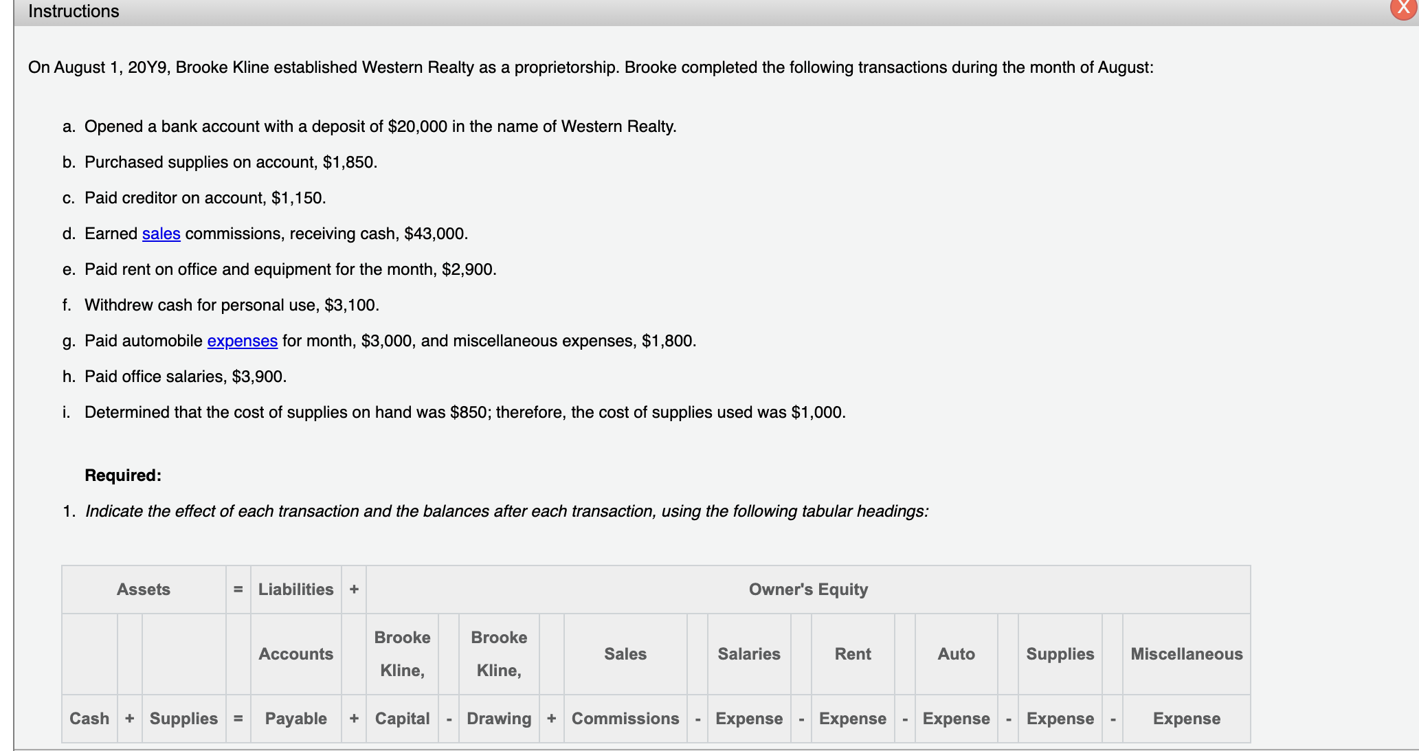  Instructions On August 1,20Y9, Brooke Kline established Western Realty as a