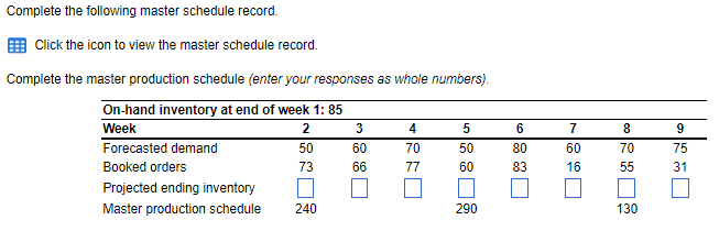 Here is the master schedule record: Complete the following master schedule