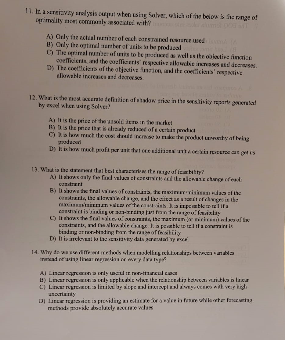 11. In a sensitivity analysis output when using Solver, which of