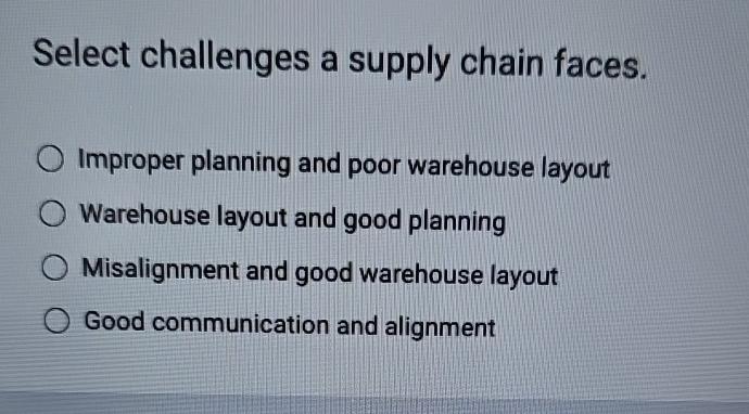  Select challenges a supply chain faces. Improper planning and poor warehouse