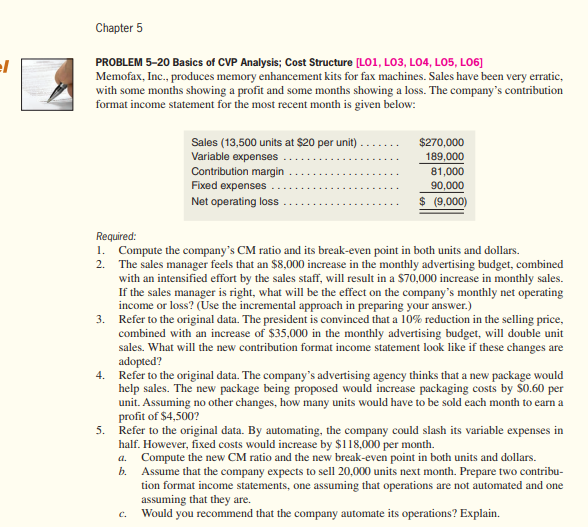 Chapter 5 PROBLEM 5-20 Basics of CVP Analysis; Cost Structure [LO1,