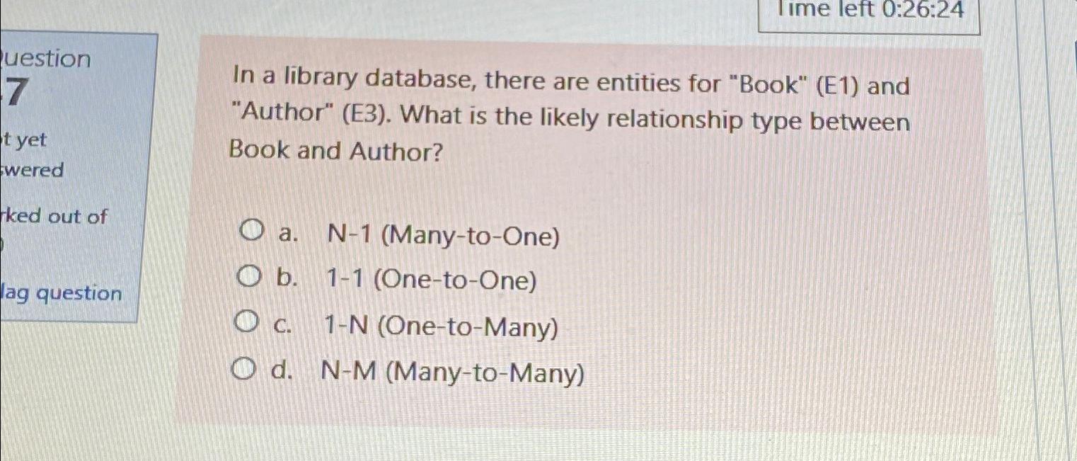  I Ime left 0:26:24 In a library database, there are entities