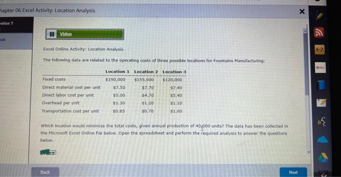  tapter 06 Excel Activity: Location Analysis Excel Online Activity: Location Analysis
