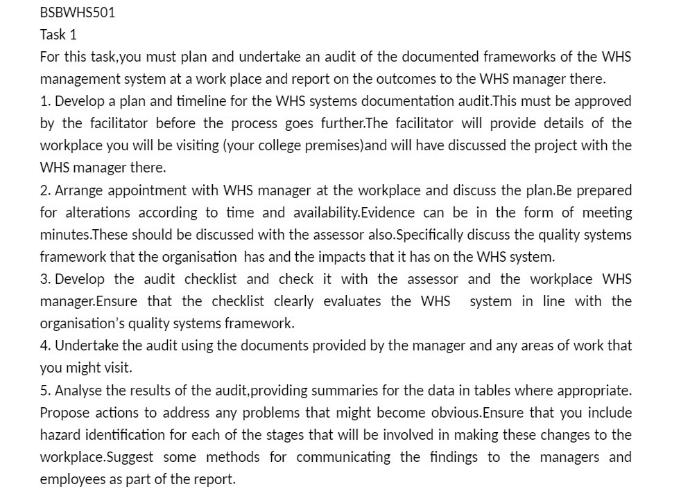  BSBWHSSDI Task 1 For this task,you must plan and undertake an