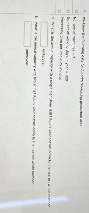 help! with capacity We know the following data for Albert's fabricating production