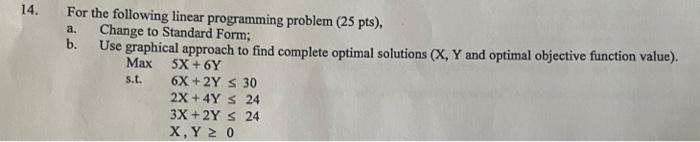  14. For the following linear programming problem (25 pts), a. Change