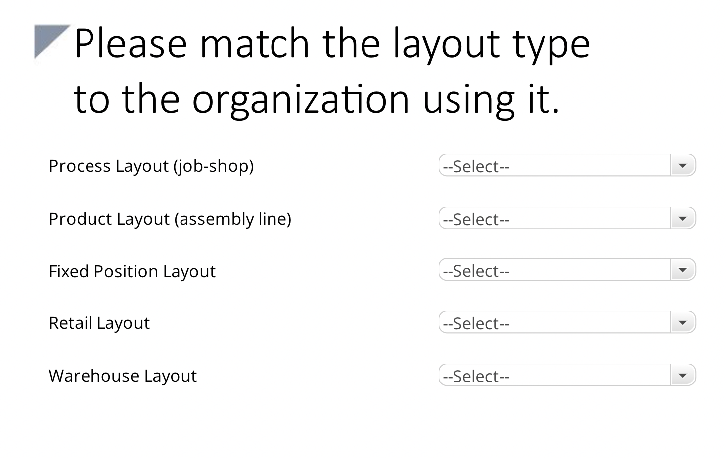 Please match the layout type to the organization using it. Process