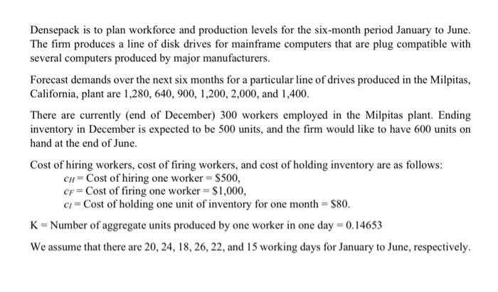 Densepack is to plan workforce and production levels for the six-month period
