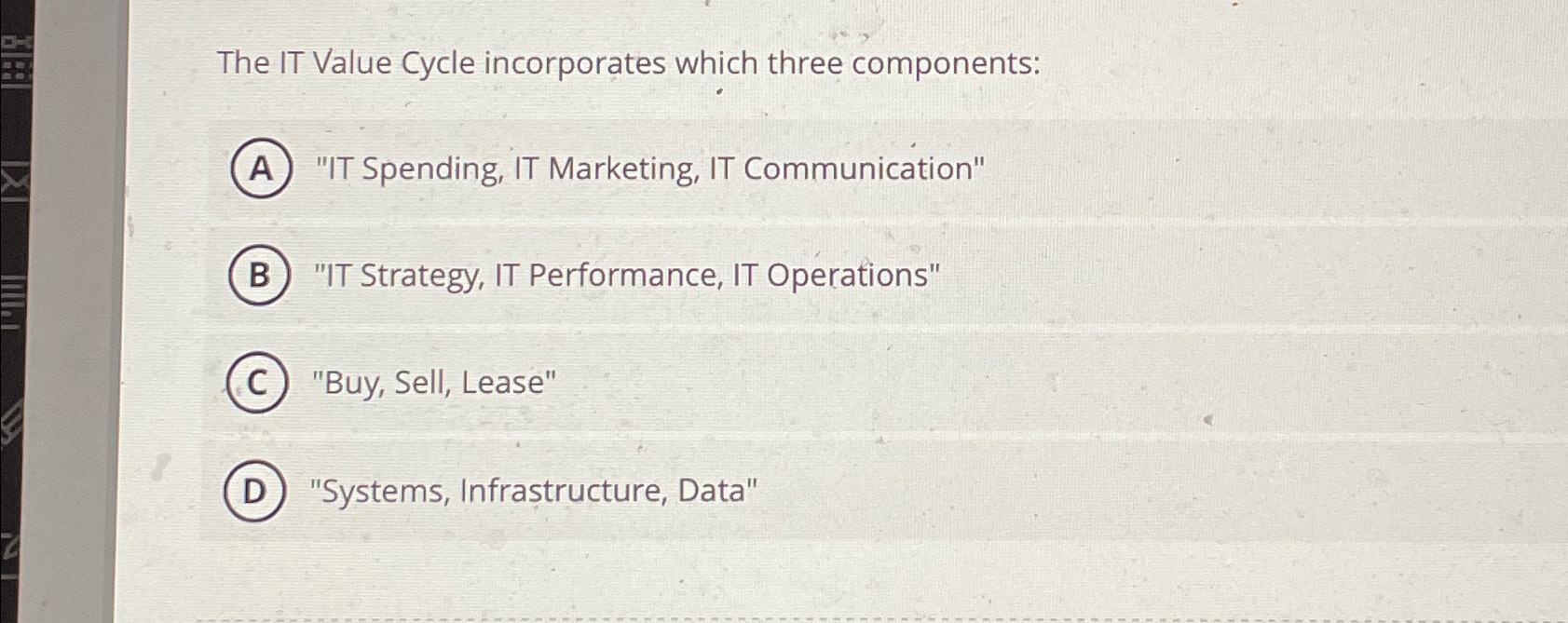  The IT Value Cycle incorporates which three components: "IT Spending, IT