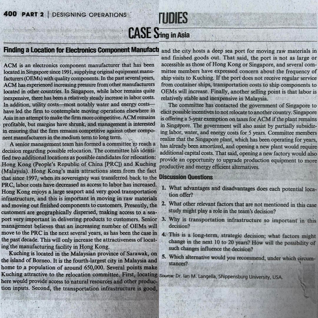  400 PART 2 DESIGNING OPERATIONS CASE Sing in Asia Finding a