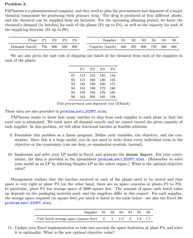 Optimization Question Problem 3. PAPharma is a pharmaceutical company, and they need