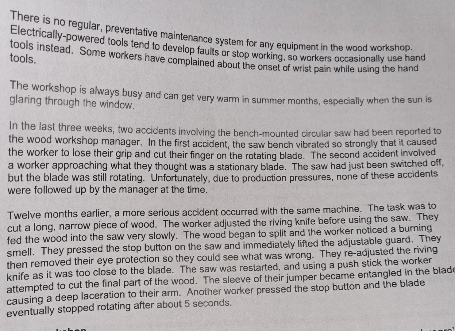bech mounted circular saw have been controlled. b) Based on the scenario