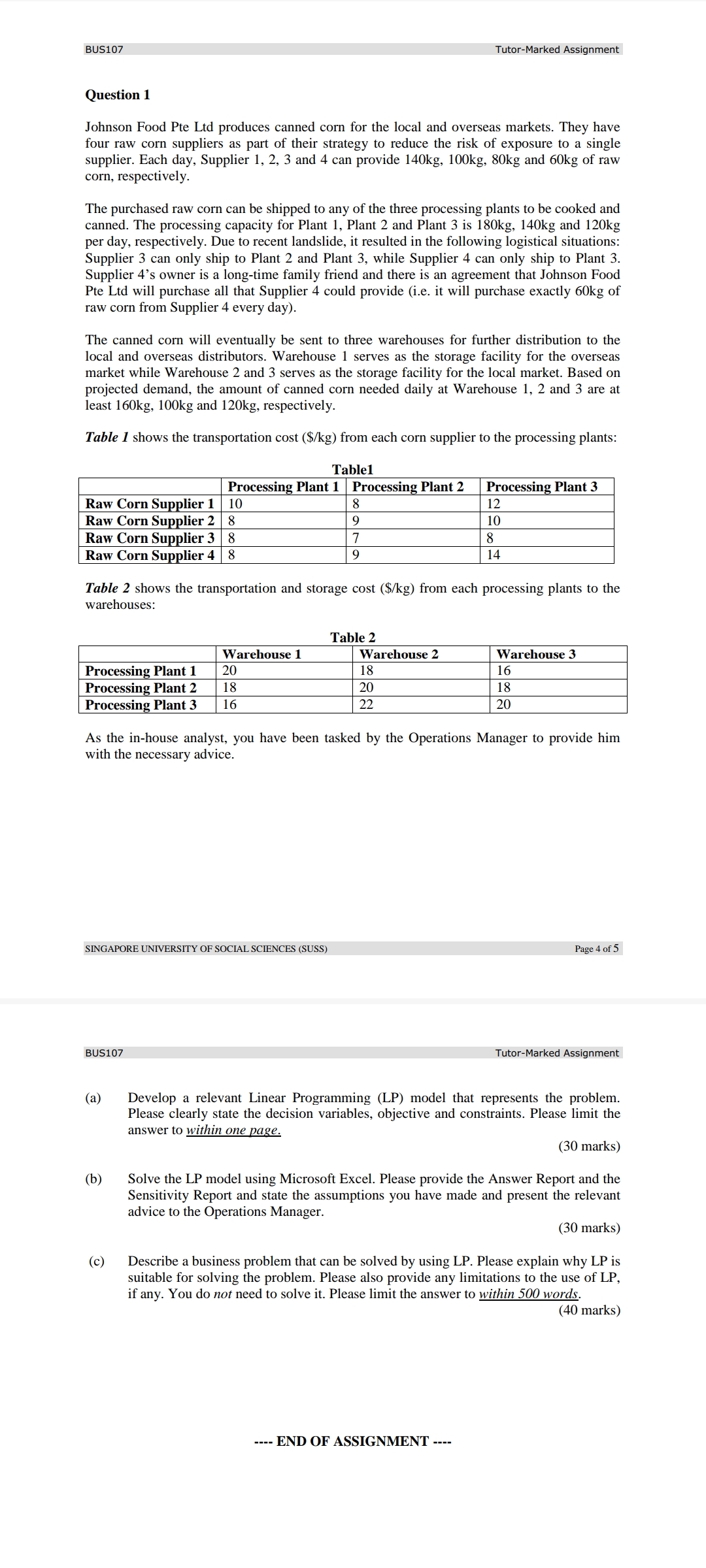  seeking solution for 1b) BUSIO7 Tutor-Marked Assignment Question 1 Johnson Food