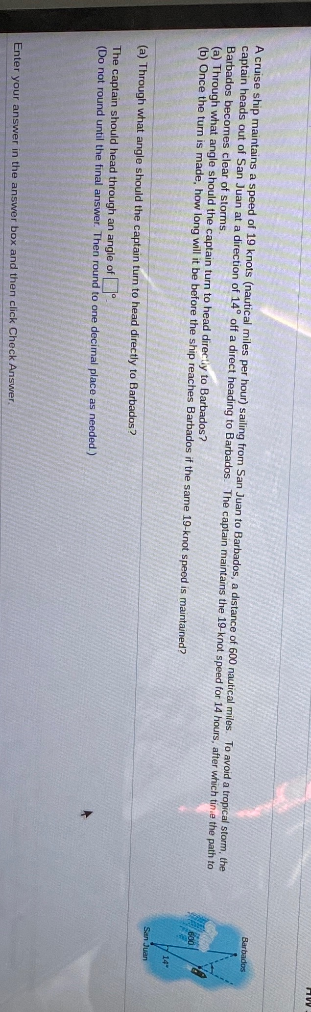 (b)= how many hours will it take the ship to reach barbados