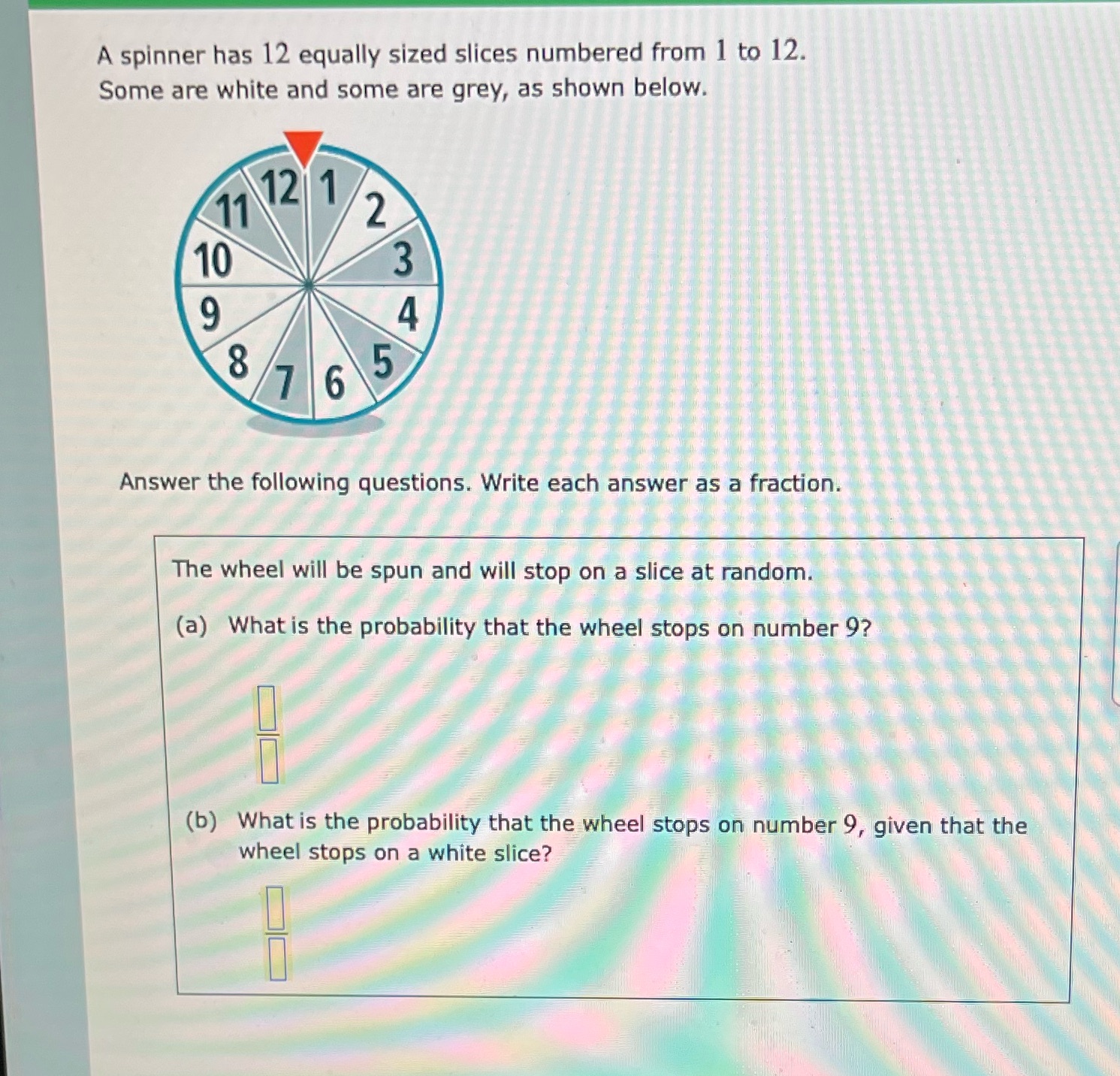 A spinner has 12 equally sized slices numbered from 1 to