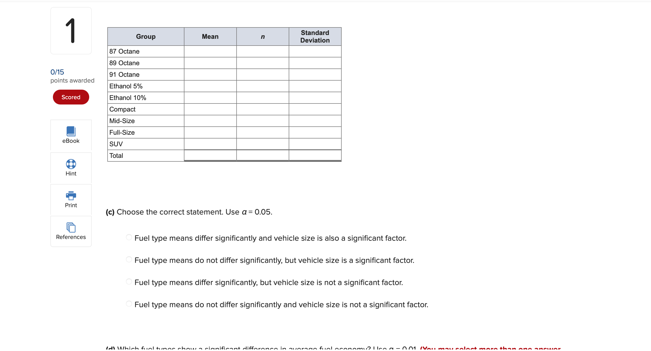 fuel economy (miles per gallon) performance by using different types of fuel.