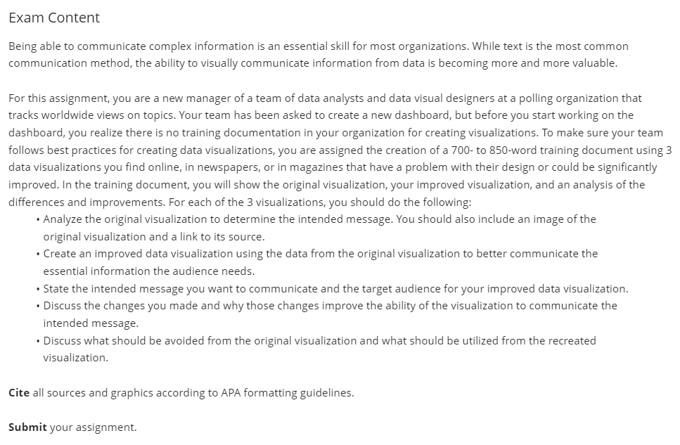 Wk 2 - Apply: Summative Assessment: Visually Representing Data Exam Content Being