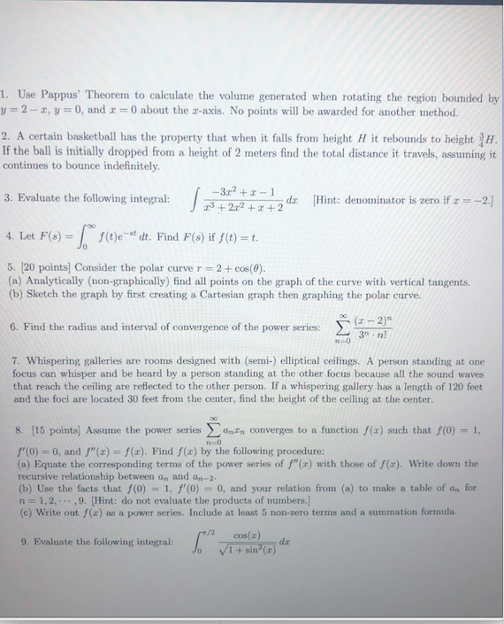 1. Use Pappus' Theorem to calculate the volume generated when rotating