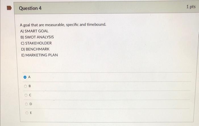 A) SMART GOAL B) SWOT ANALYSIS C) STAKEHOLDER D) BENCHMARK E) MARKETING