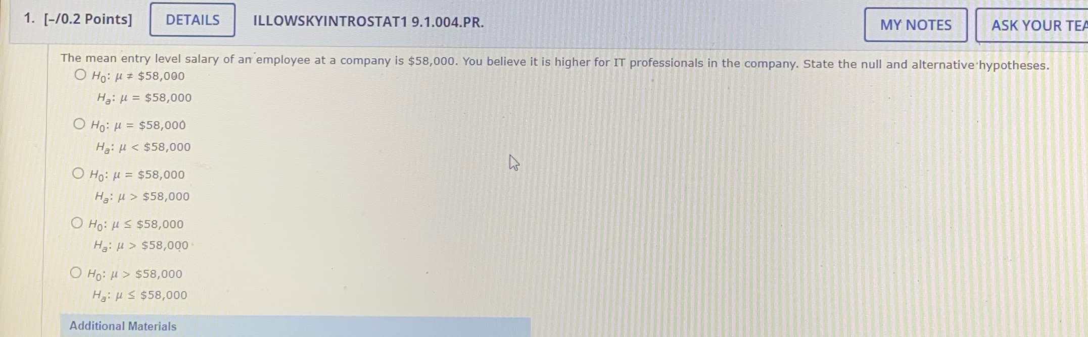  1. [-/0.2 Points] DETAILS ILLOWSKYINTROSTAT1 9.1.004.PR. MY NOTES ASK YOUR TEA