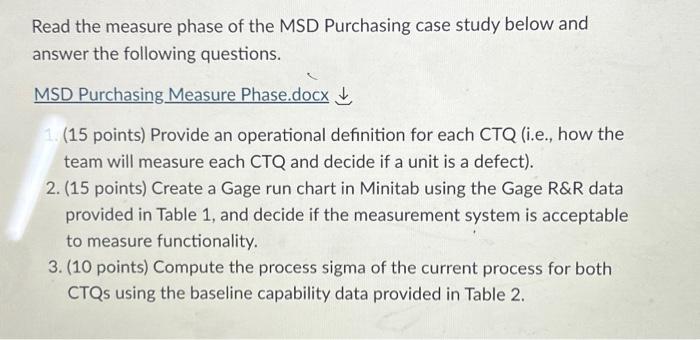  Read the measure phase of the MSD Purchasing case study below