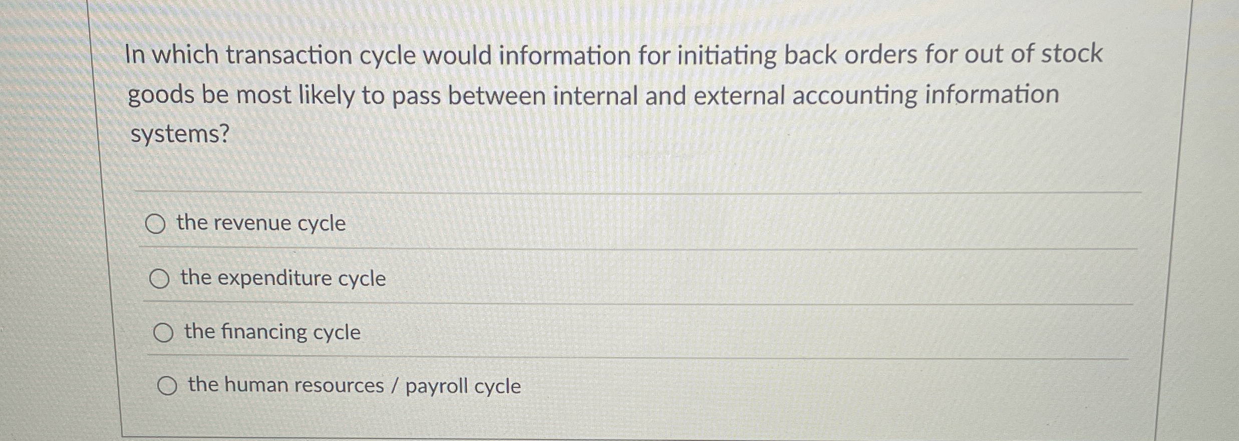  In which transaction cycle would information for initiating back orders for