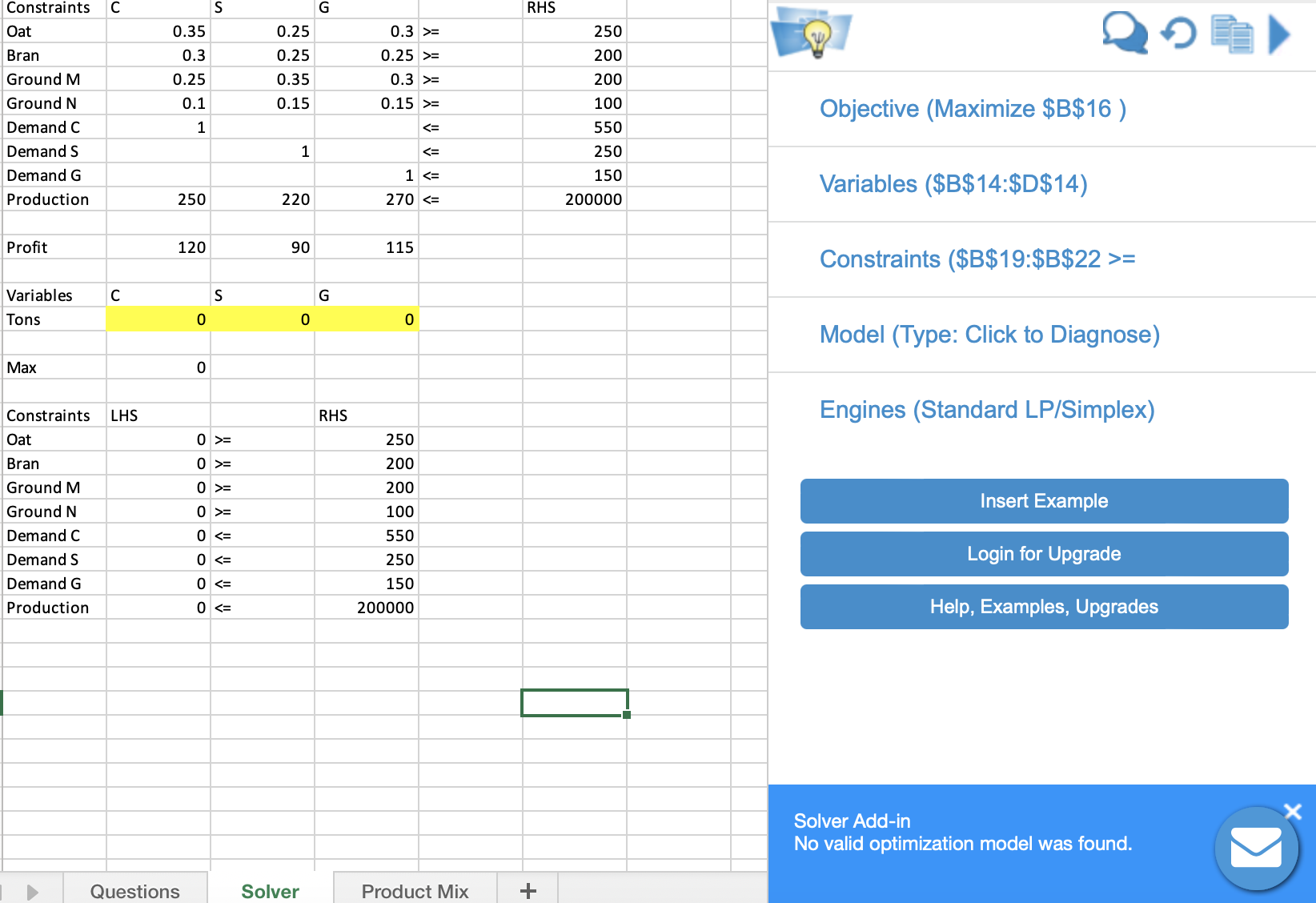 How to insert into solver? Solver Add-in No valid optimization model was