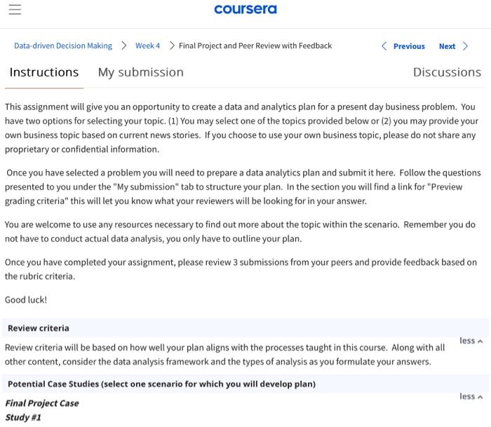  data-driven decision making course , pwc , coursera note: rubric question