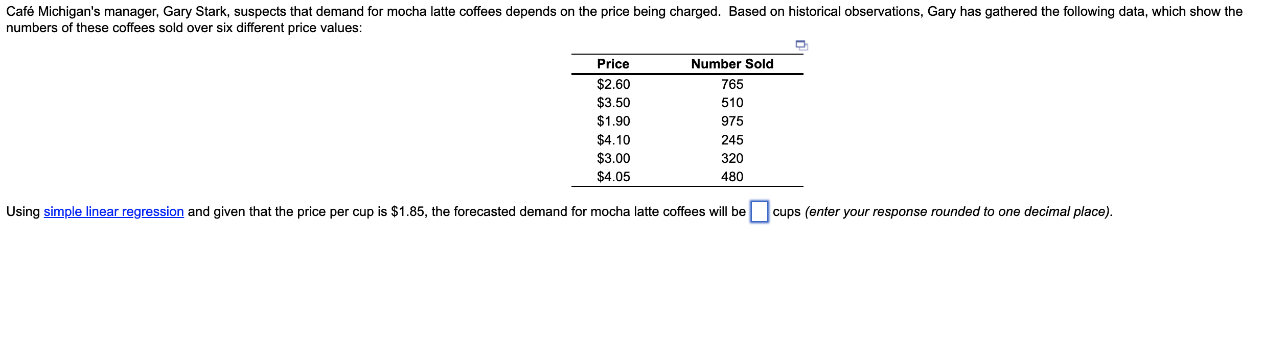 Caf Michigan's manager, Gary Stark, suspects that demand for mocha latte coffees