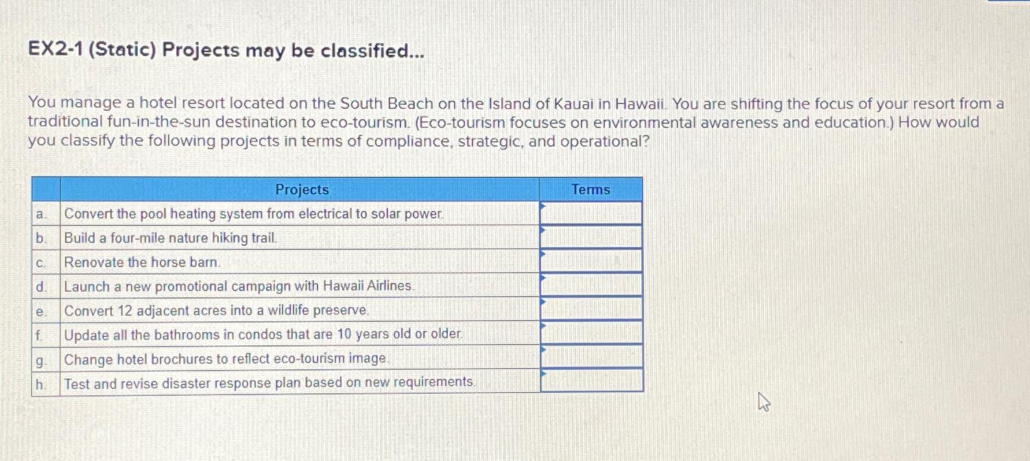 EX2-1(Static) Projects may be classified... You manage a hotel resort located