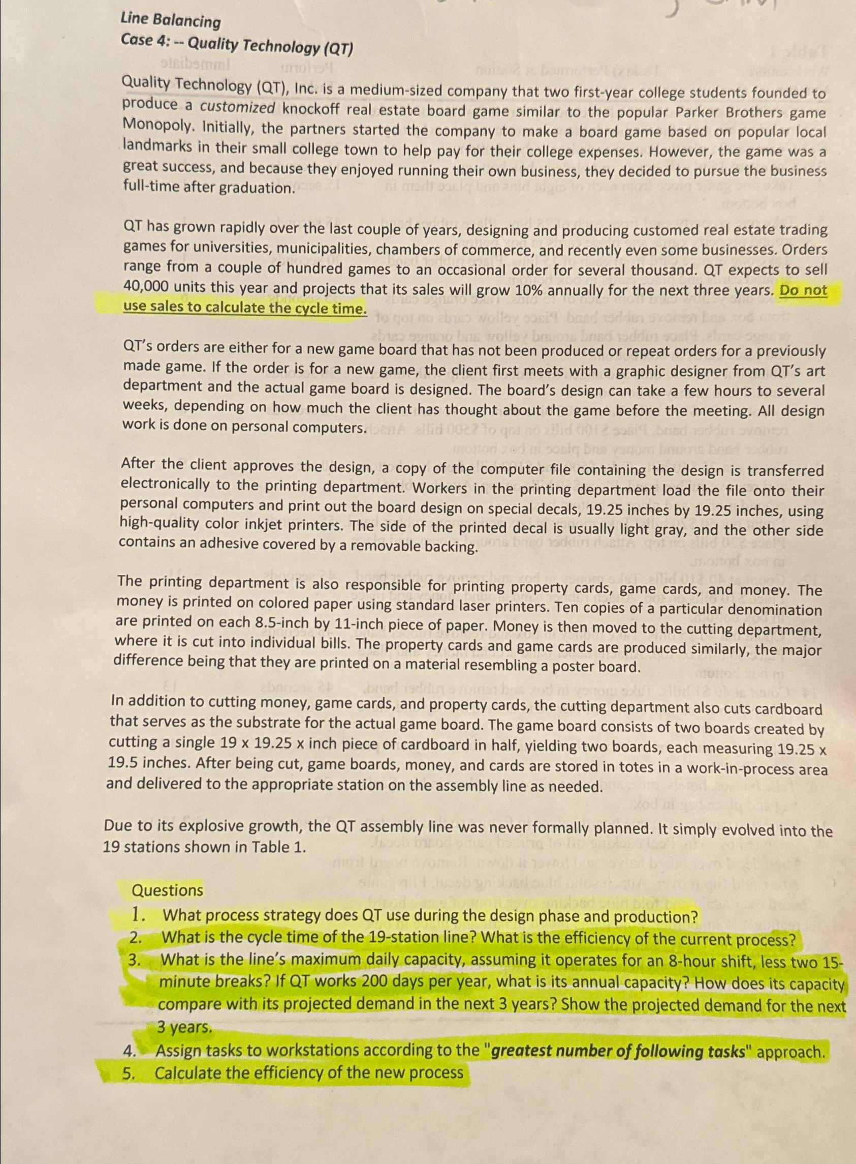  Line Balancing Case 4: -- Quality Technology (QT) Quality Technology (QT),