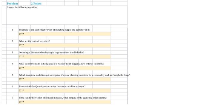 Prablem 2 Points Answer the following questions
