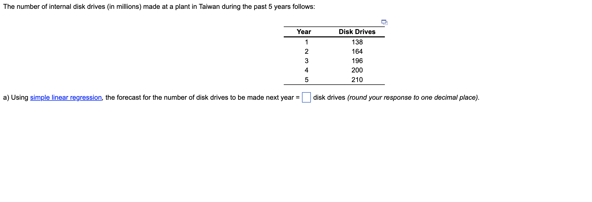a) Using simple linear regression the forecast for the number of disk