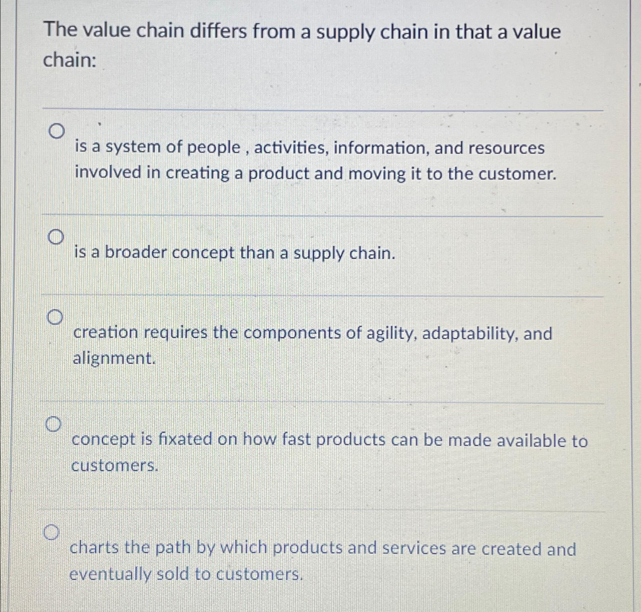  The value chain differs from a supply chain in that a