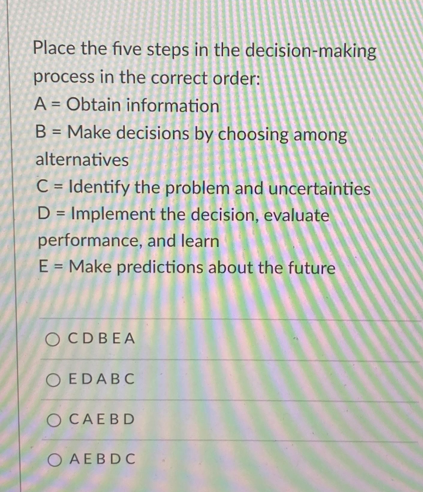  Place the five steps in the decision-making process in the correct