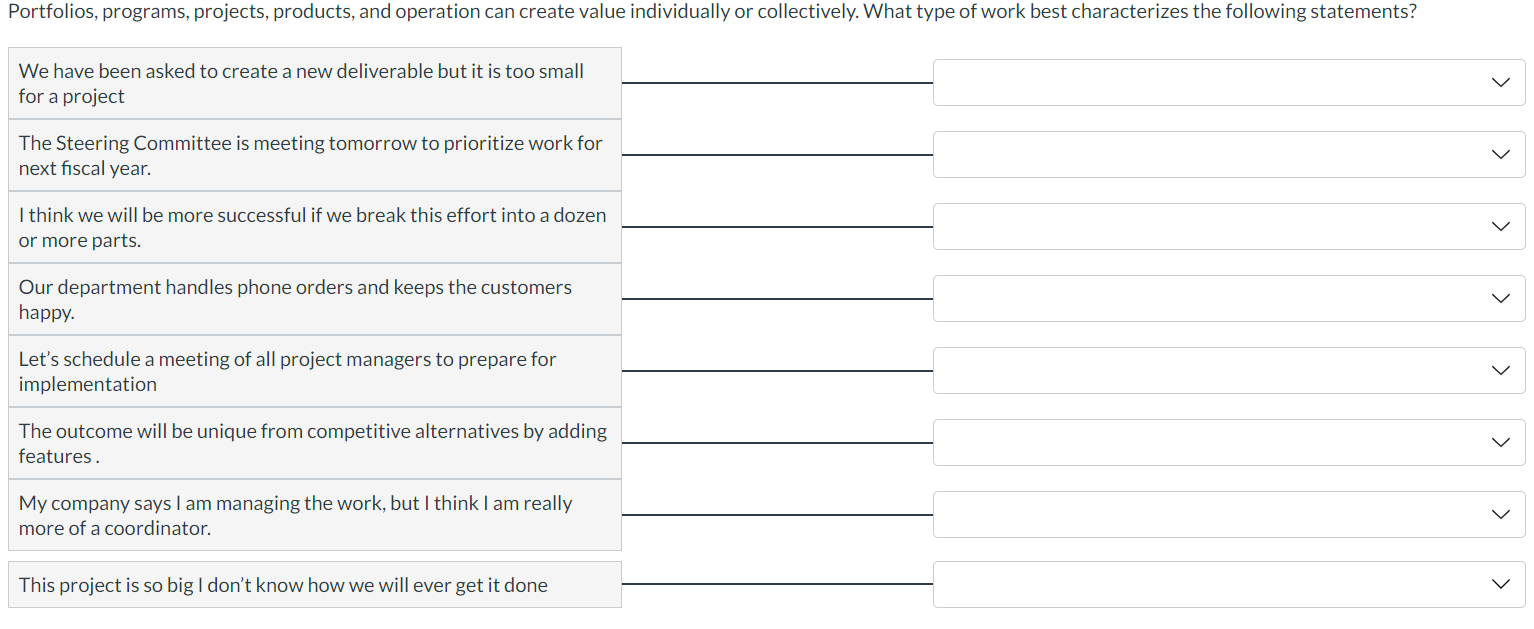  Answer choices are: Operations, Service, Product, Program, Framework, Portfolio, Procedure, Policy,