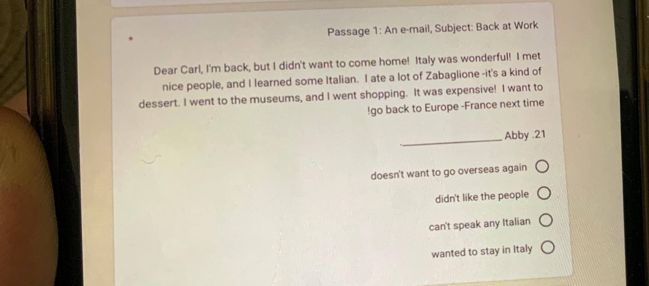  Passage 1: An e-mail, Subject: Back at Work Dear Carl, I'm