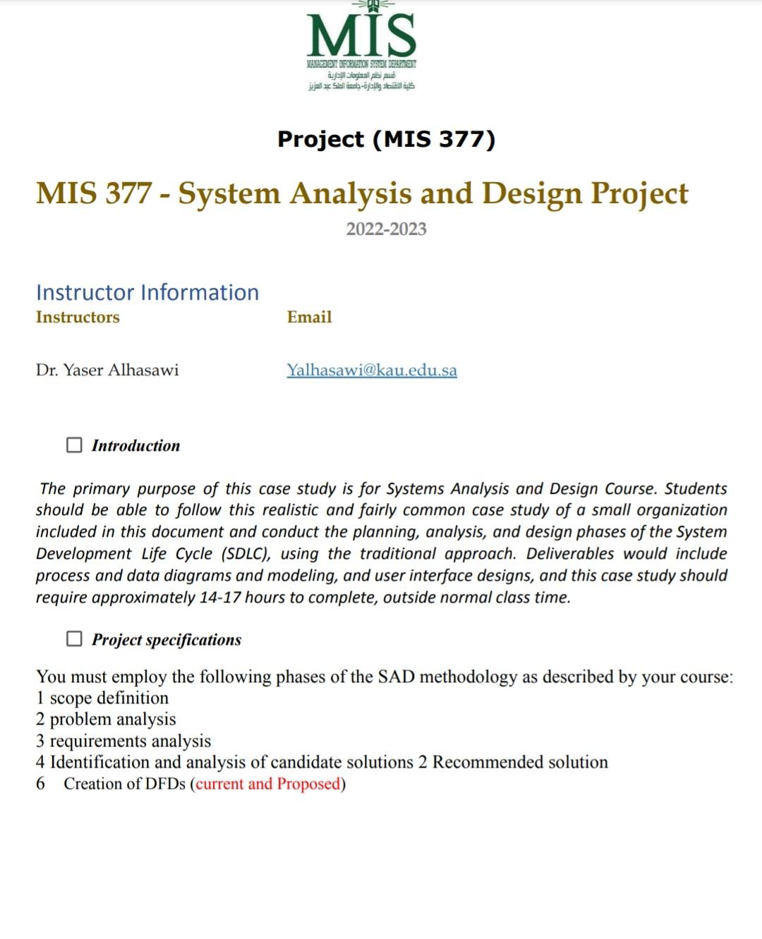  Project (MIS 377) MIS 377 - System Analysis and Design Project