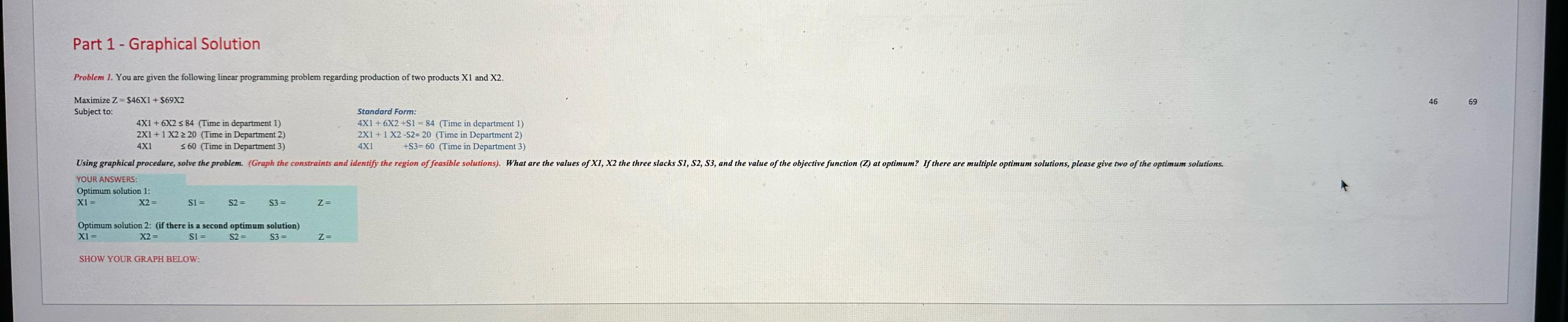  Part 1- Graphical Solution Problem 1. You are given the following