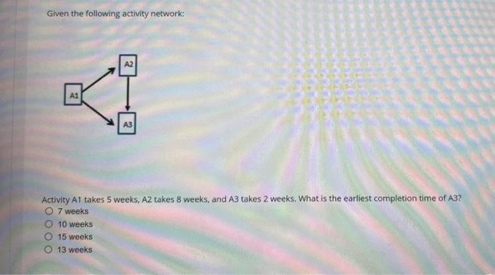  Given the following activity network: Activity A1 takes 5 weeks, A2