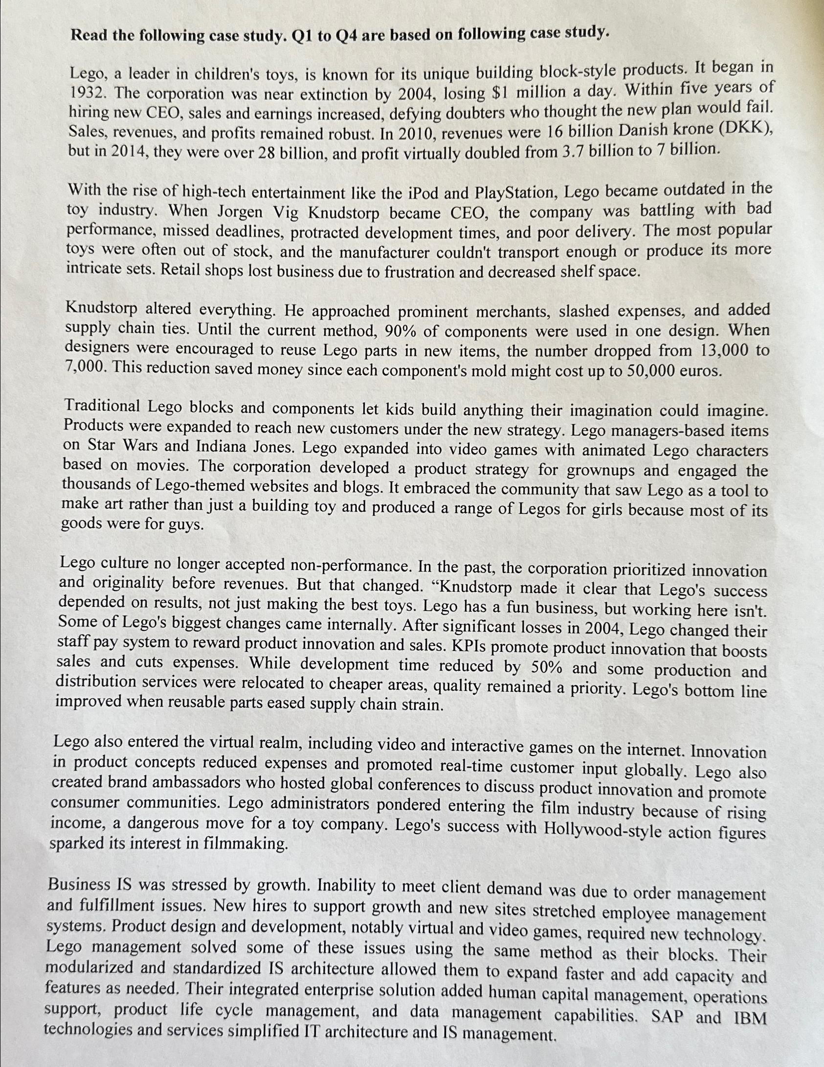  Read the following case study. Q1 to Q4 are based on