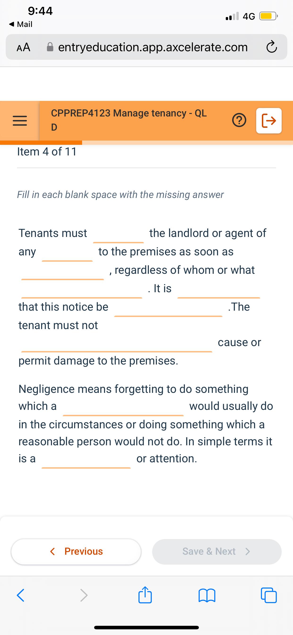  9:44 4G Mail AA entryeducation.app.axcelerate.com CPPREP4123 Manage tenancy - QL D