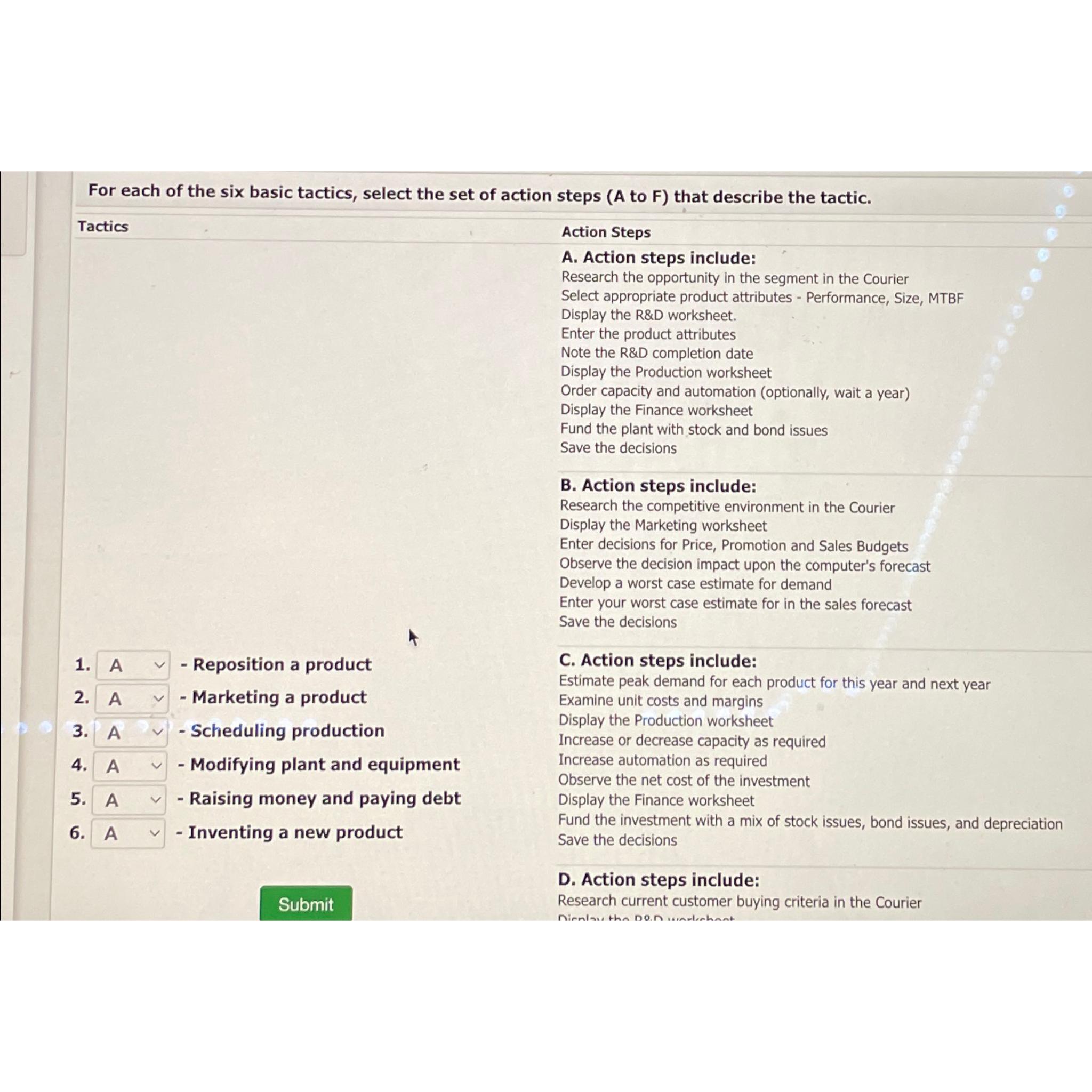  For each of the six basic tactics, select the set of