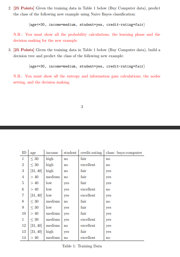  2. [25 Points] Given the training data in Table 1 below